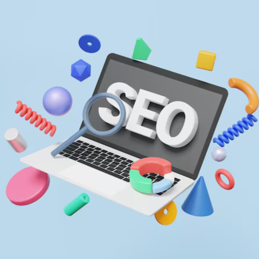 SEO Concept with laptop and abstract shapes by Moonroute Media